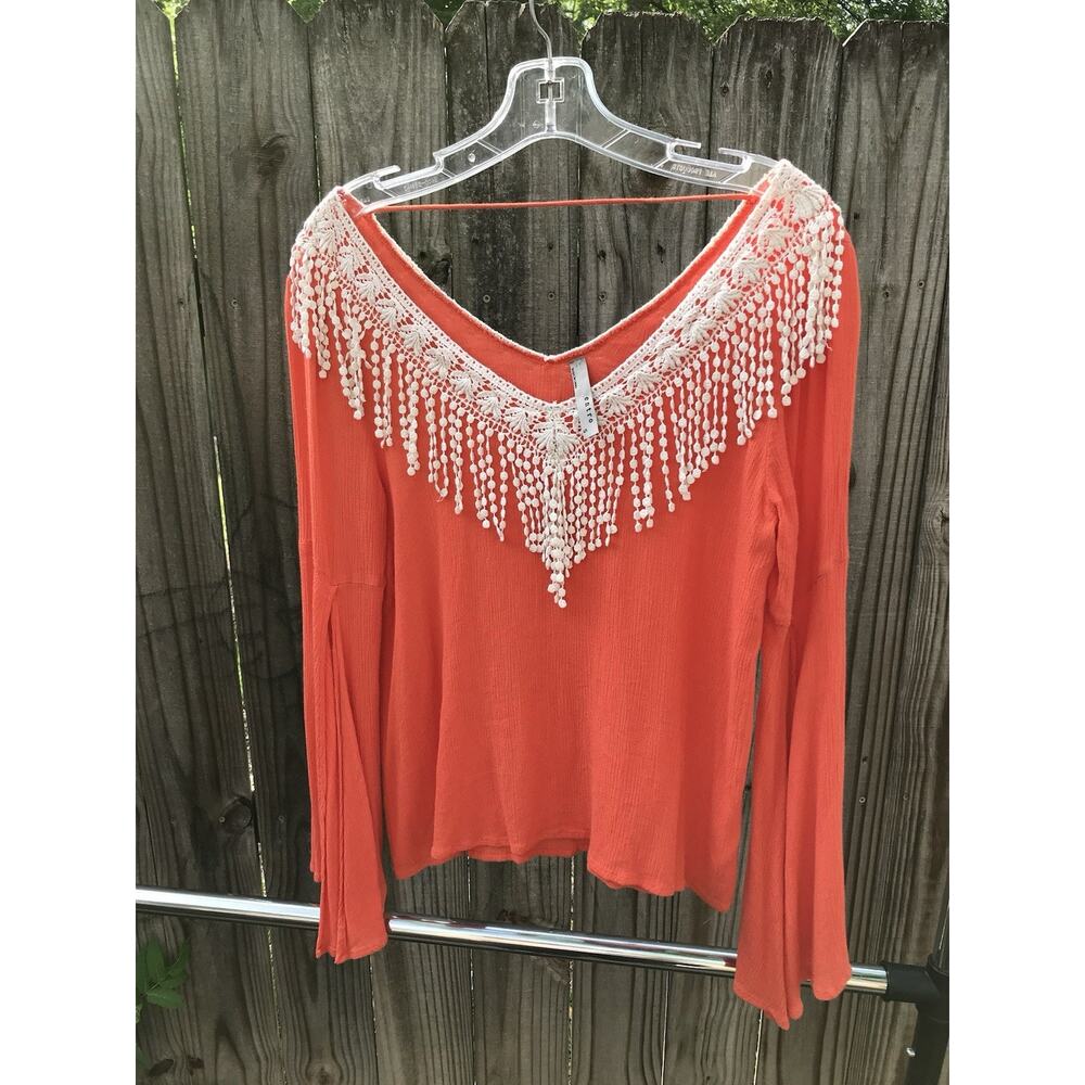 Entro Small Coral Boho Top with Embroidered Fringe Neckline – Long Bell Sleeves